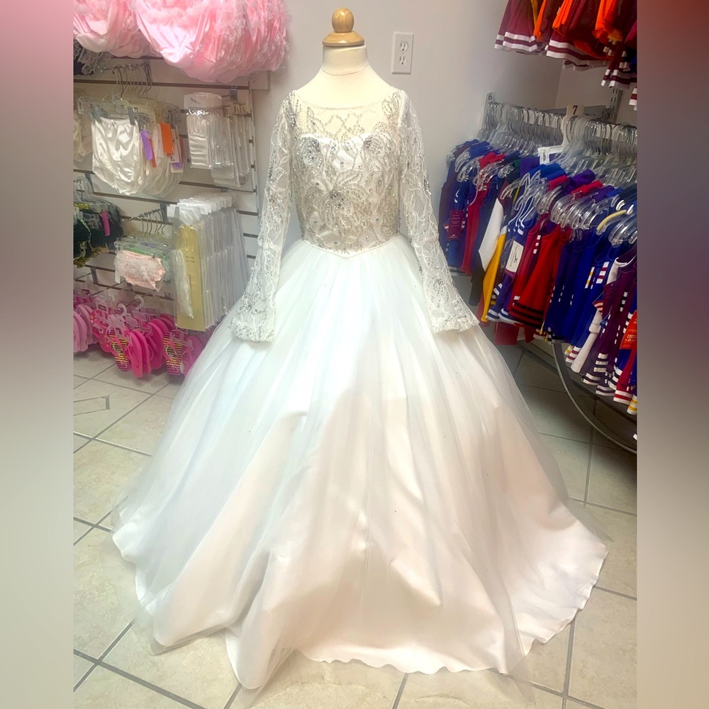 Child Size 10 Rachel Allan White Beaded Long Bell Sleeve Ballgown Formal Dress